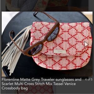 TOMS Scarlet Red & White Multi Cross Stitch Tassel Venice Crossbody Bag EUC